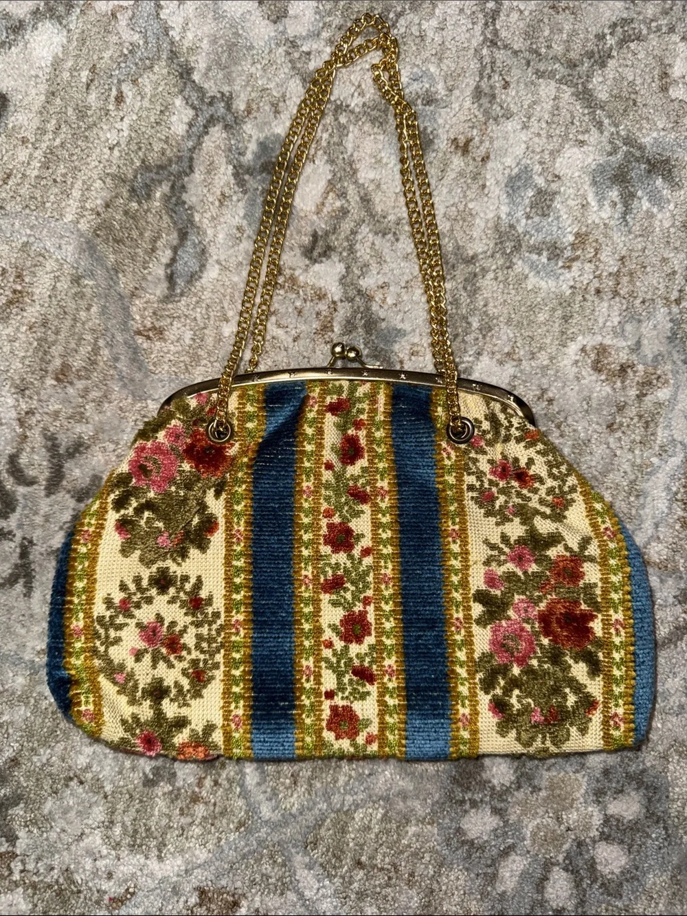 Vintage Floral Tapestry Shoulder Bag in Blue, Cream and Pink